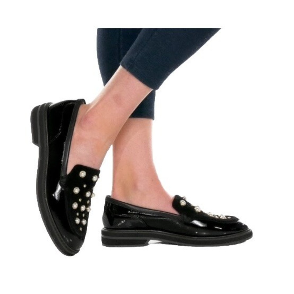 Louise et Cie Black Patent Leather Edoli Loafers with Gold Studs & Pearls Size 9